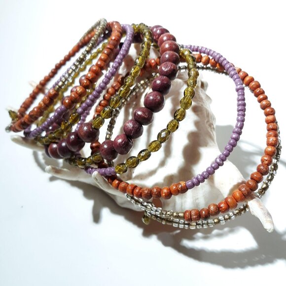 Beaded Memory Bead Cuff Bracelet Wood Glass Boho Exotic - Picture 3 of 5